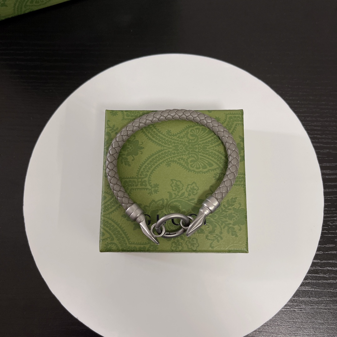 Gucci Grey Braided Leather Bracelet