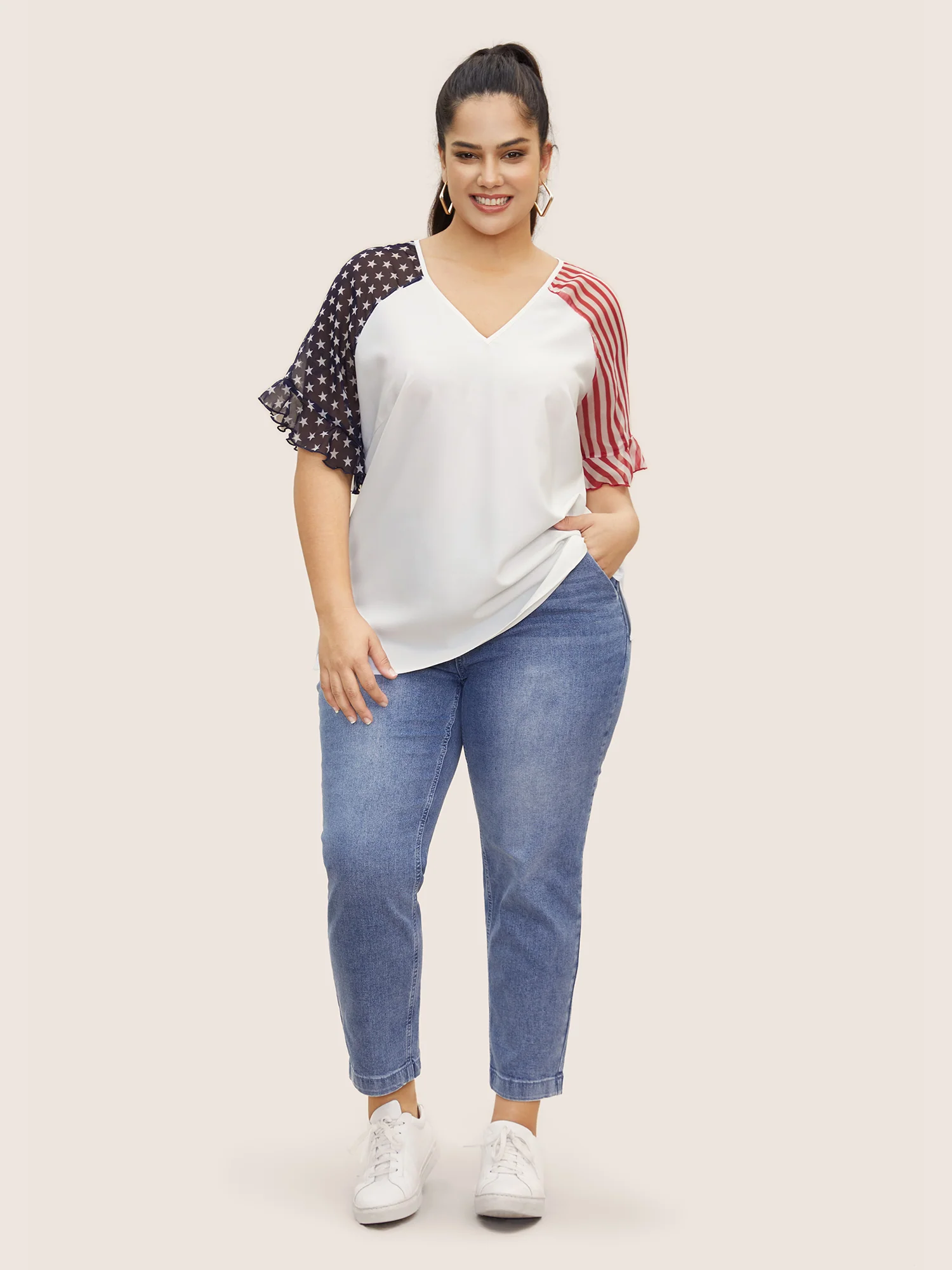 Star & Striped Ruffles Raglan Sleeve Blouse