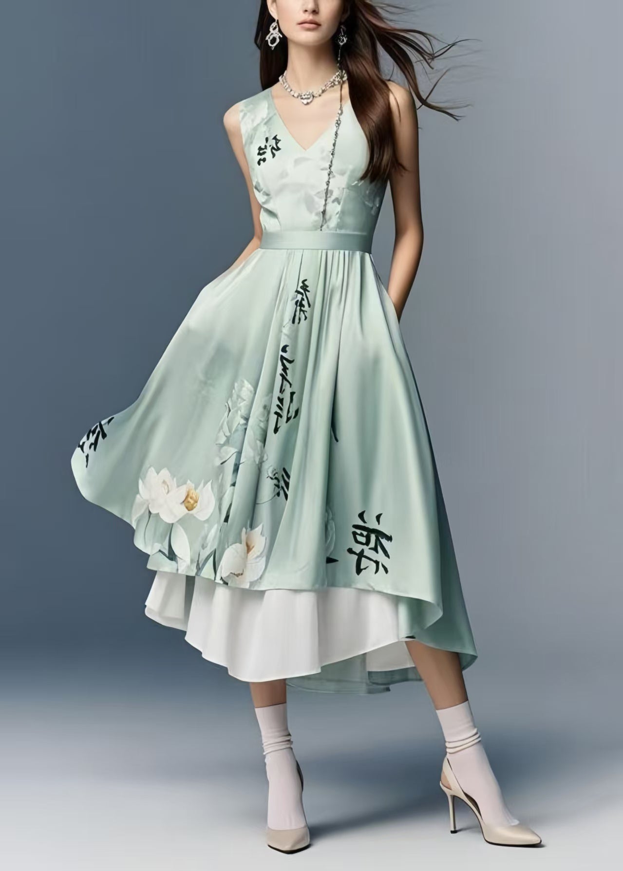 Fine Green Print Exra Large Hem Silk Cami Dresses Summer
