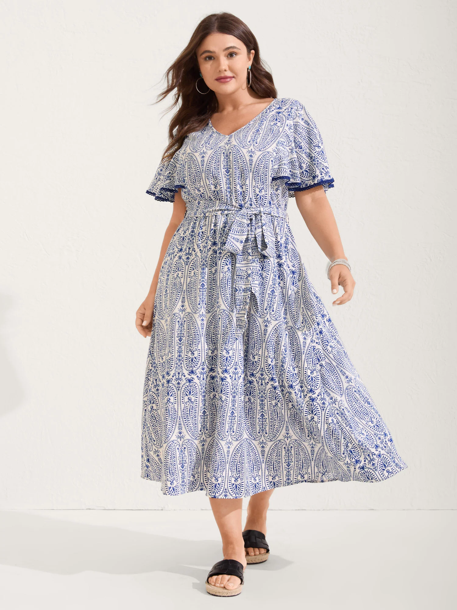 Rayon Paisley Print Cinched-Waist Midi Dress