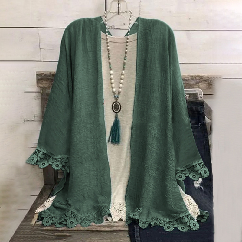 Casual Long Sleeve Stitching Lace Solid Color Kimono