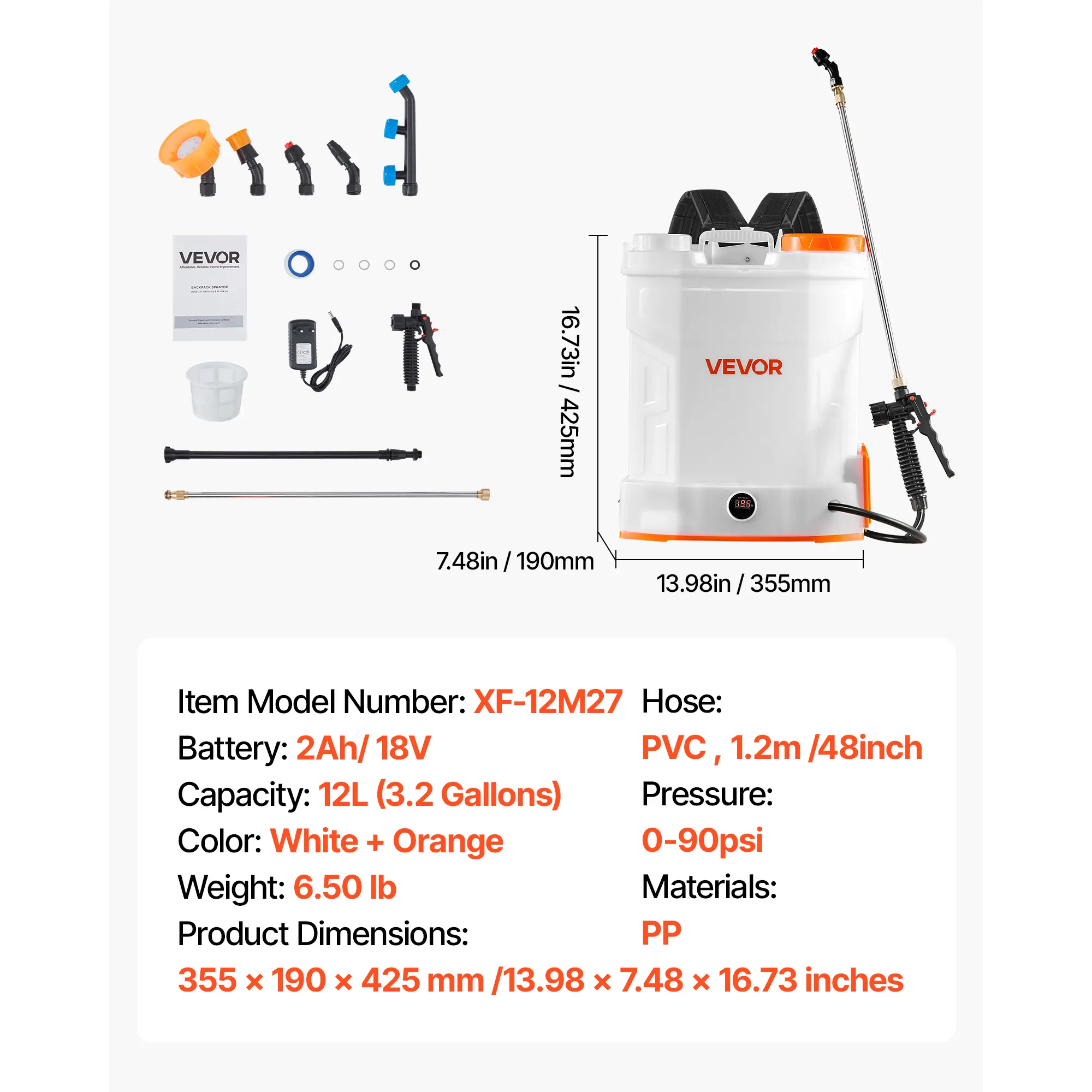 Battery Powered Backpack Sprayer, 3.2 Gal Powerful Electric Backpack Sprayer, 2 Retractable Wands & 5 Nozzles, Adjustable 0-90 PSI, 2 Hour Runtime, Portable Weed Sprayers for Yard Garden Lawn