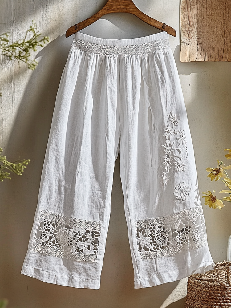 Simple Floral Hollow Lace Embroidery Linen Casual Pants