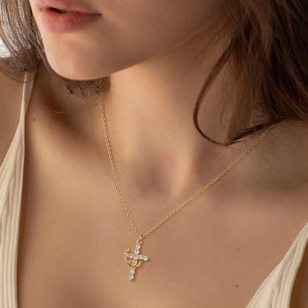 🔥ON SALE🔥14k Gold Diamond Cross Crown Pendant Necklace