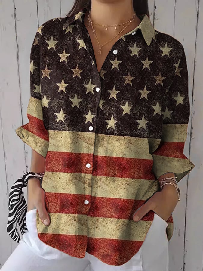 Women's Casual Cotton and Linen Independence Day Shirt