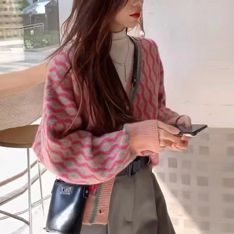 Women's Retro Casual V-neck Bear Button Sweater Cardigan Coat