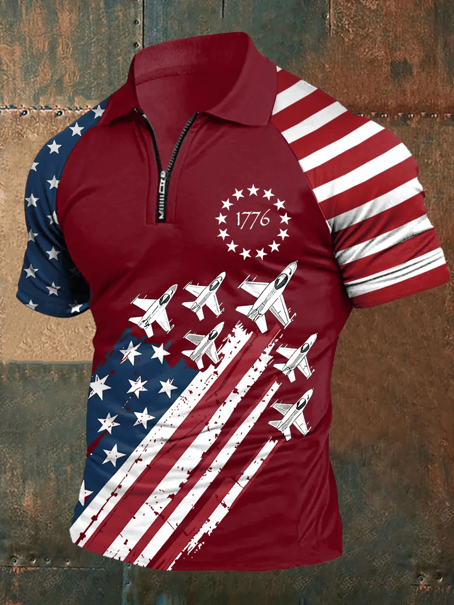Men's  Independence Day American Flag 1776 Print Zip-Up Raglan Sleeve Polo Shirt