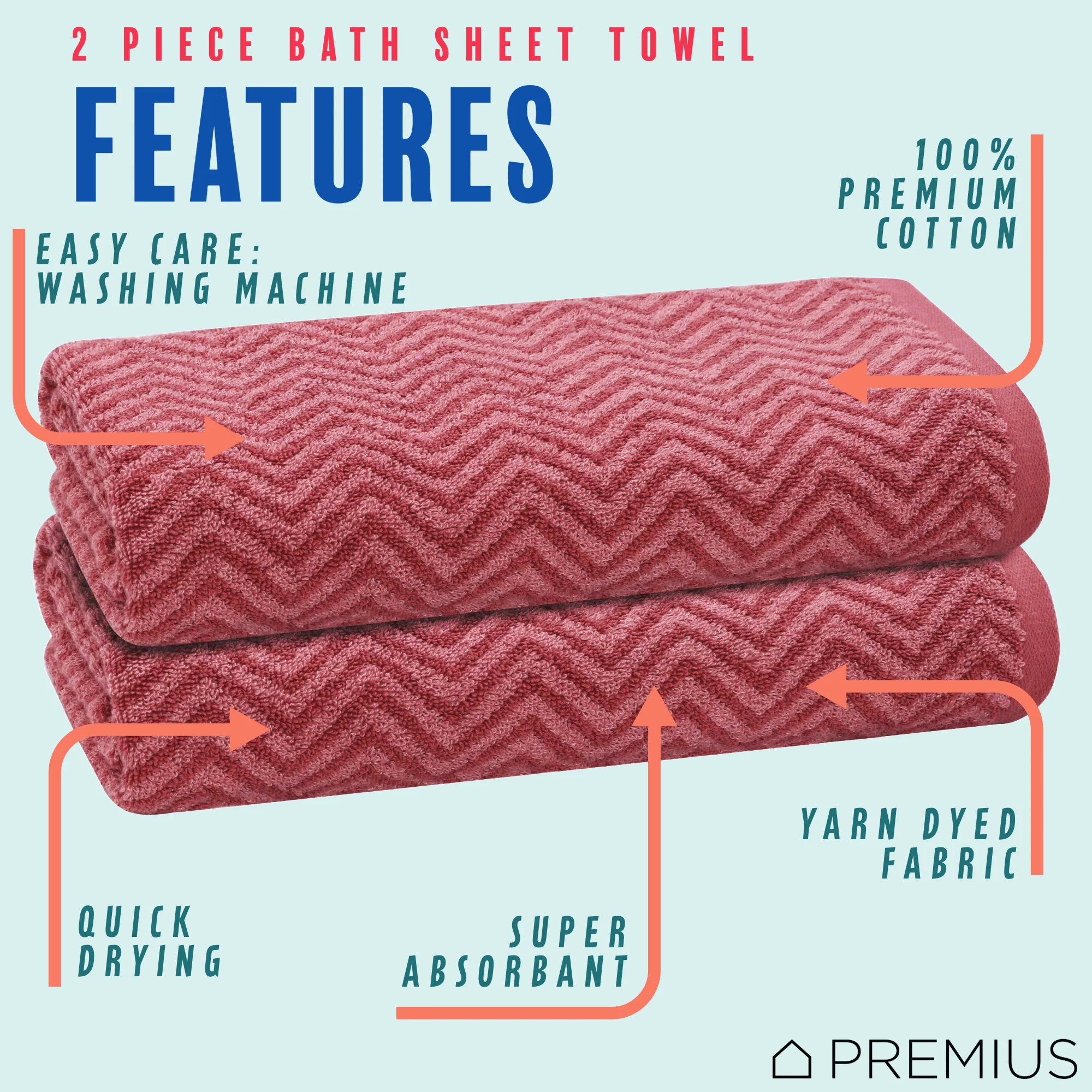 PREMIUS 2 Pack Chevron 100% Cotton Yarn Dyed Bath Sheet Towel, 32x64 Inches