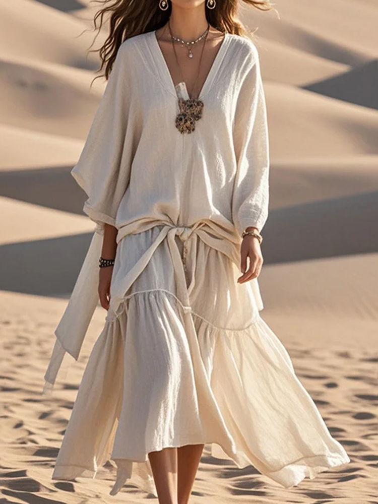 Women's Apricot Twist Ties Cotton Linen Spring Maxi Dress