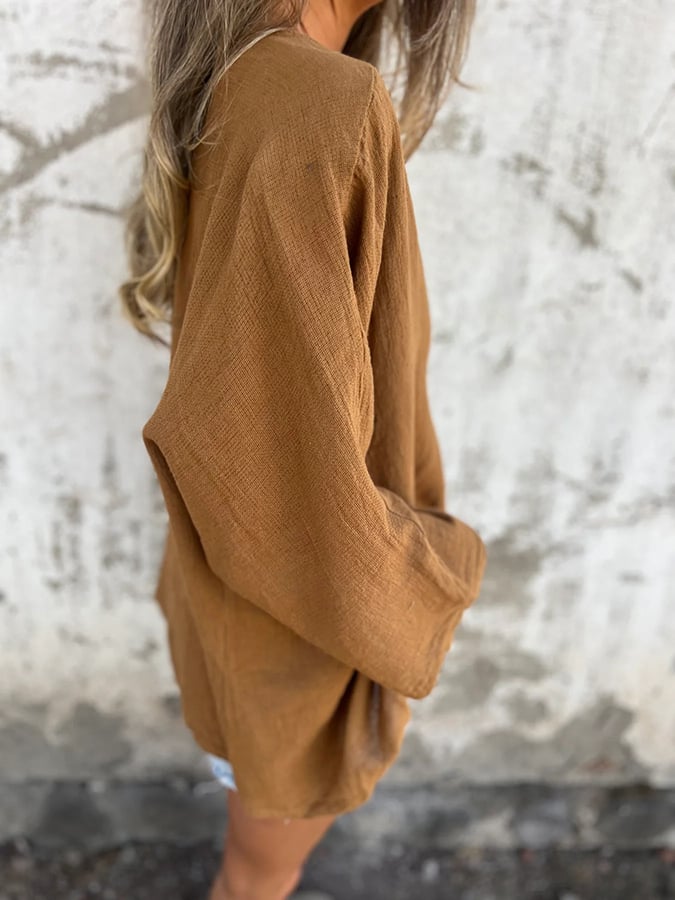 Women's V-Neck Long Sleeve Loose Button Design Casual Shirt