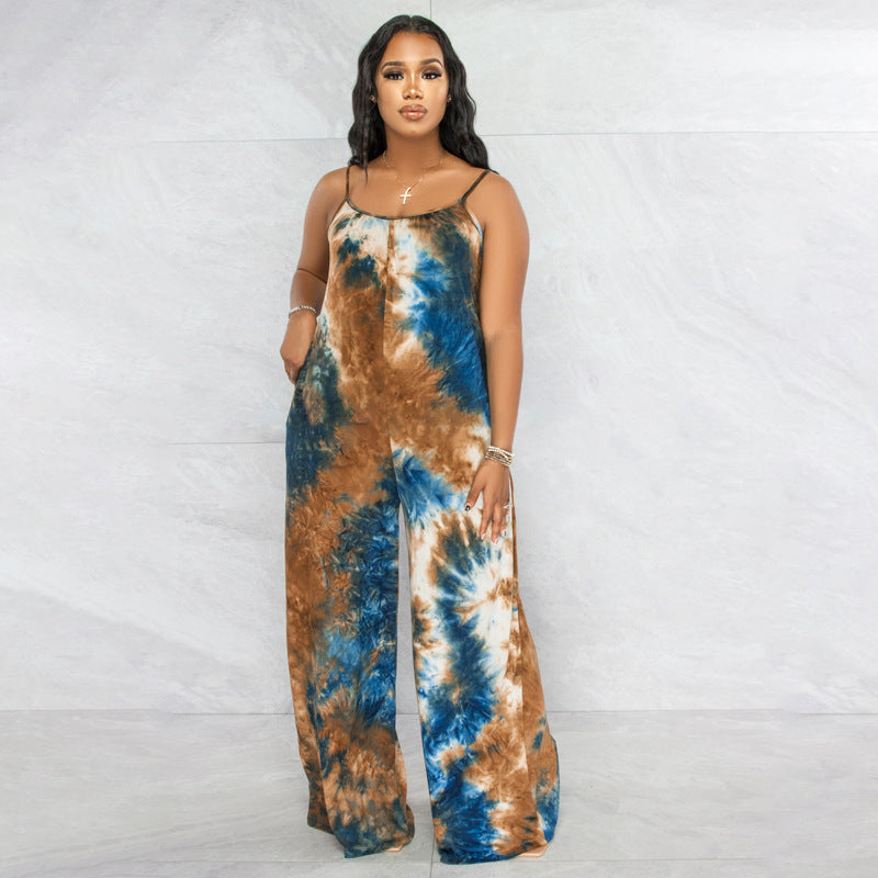 Plus Size New Tie-Dyed Printed Sling Casual Pants Straight Stylish Loose Jumpsuit
