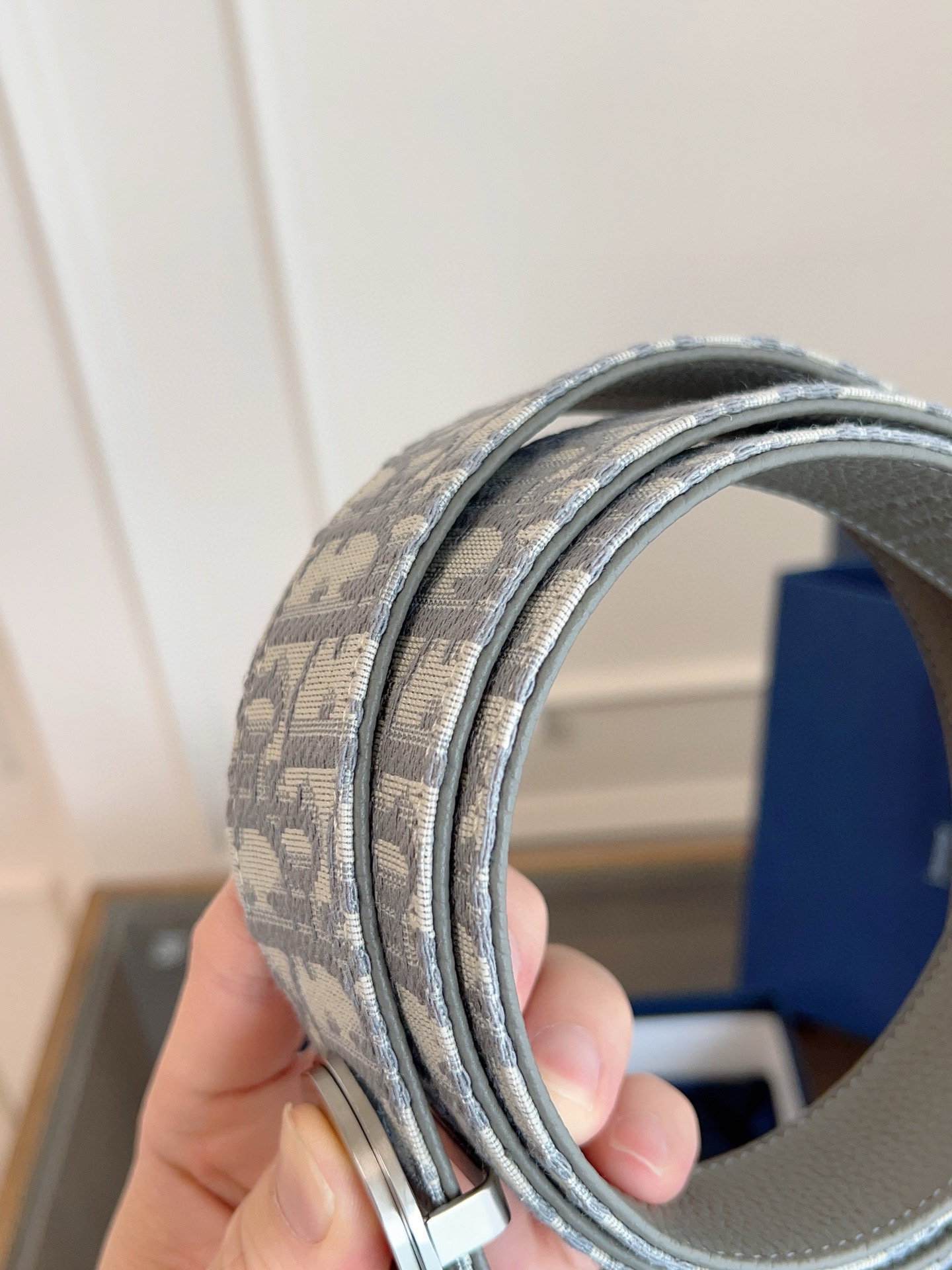 Dior Oblique grey cloth grey cowhide leather belt width 3.5cm