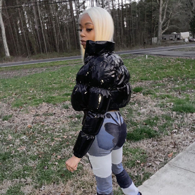 Women Clothing Winter Long leeved Zipped Stand up Collar Thermal Mirror Casual Cotton padded Jacket Outerwear