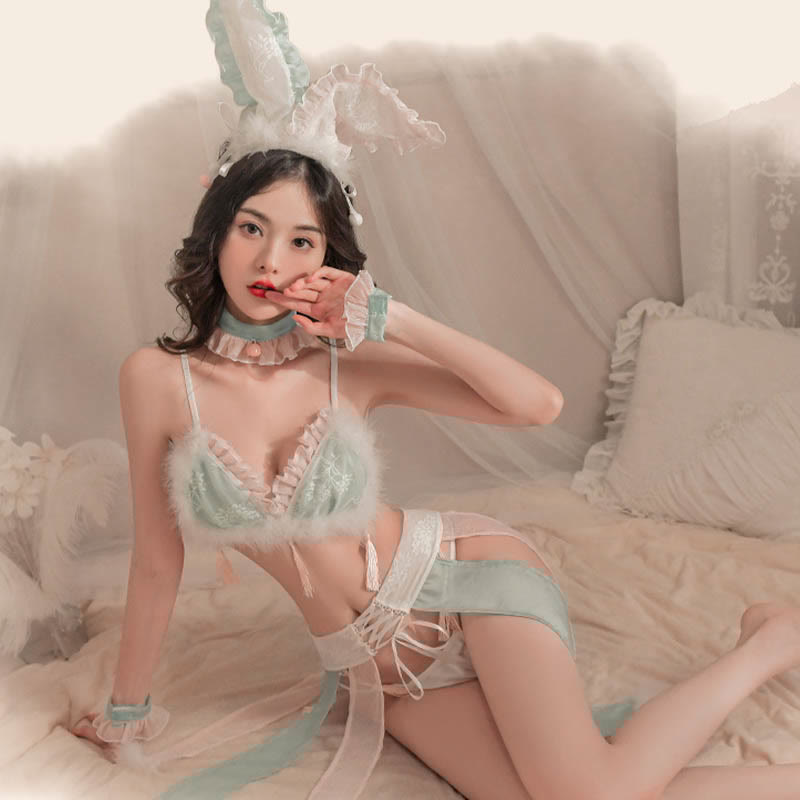Cosplay Bunny Lace Bra With Tassels Lace-up Skirt Lingerie Set