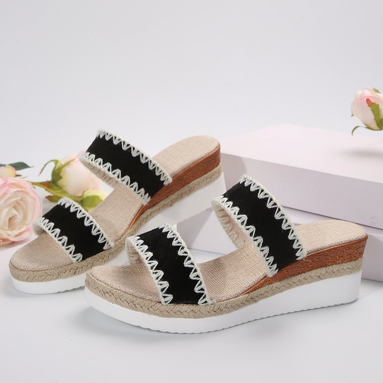 Ethnic Style Sandals: New Hemp Rope Woven Wedge Slippers with Double Wide Straps for Women