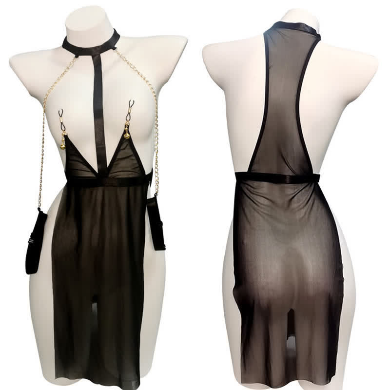 Sexy Mesh See through Chain Lingerie Dress With Nipple Clamps