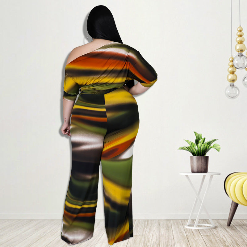 Plus Size Women Clothes Autumn Wide-Leg Pants Digital Printing Romper New Arrival