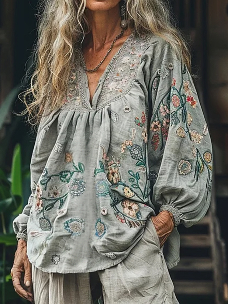 Bohemian Floral Linen Art Print Long Sleeve V-neck Shirt