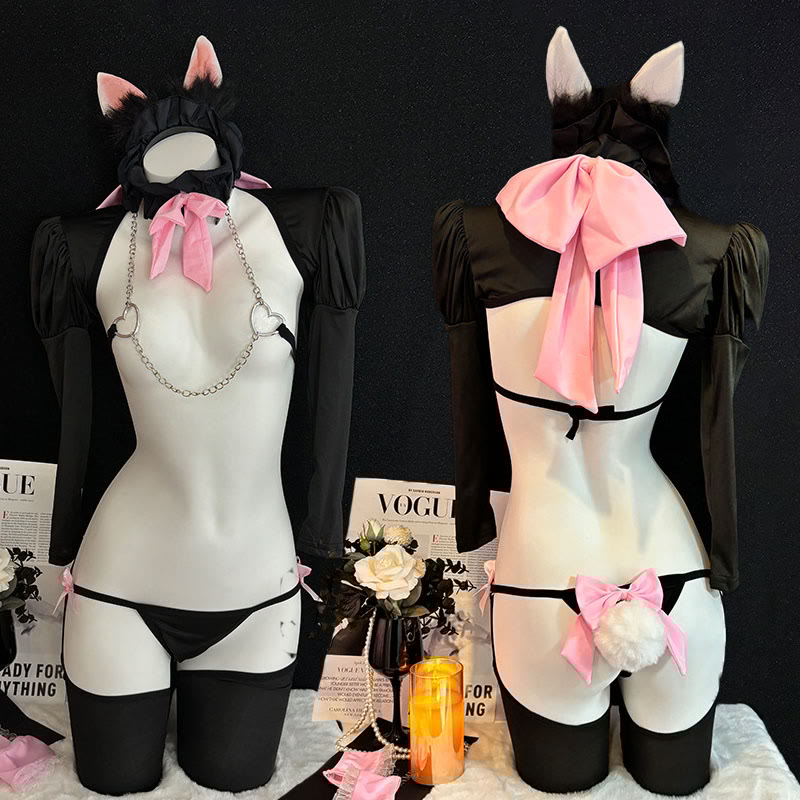Kitty Bow Hollow Out Chain Lingerie Set
