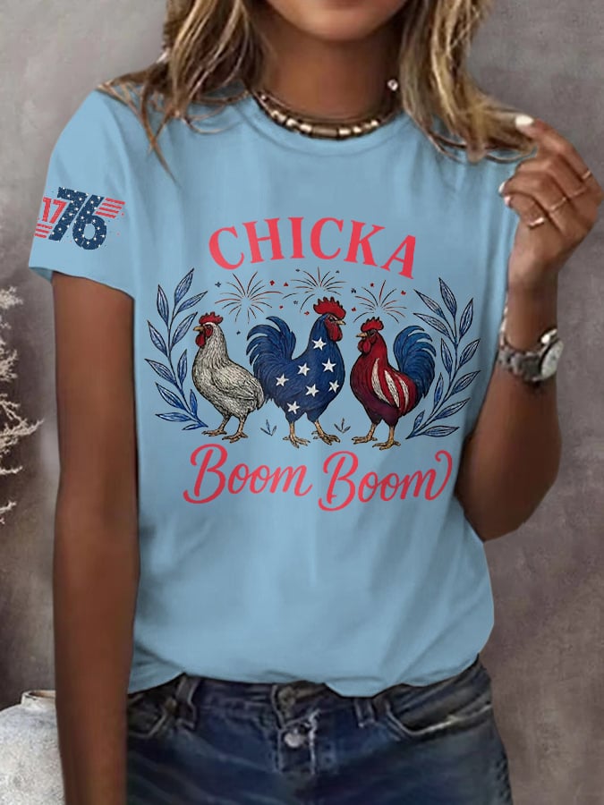 Women's Chicka Boom Boom Patriotic Rooster Print Round Neck T-Shirt