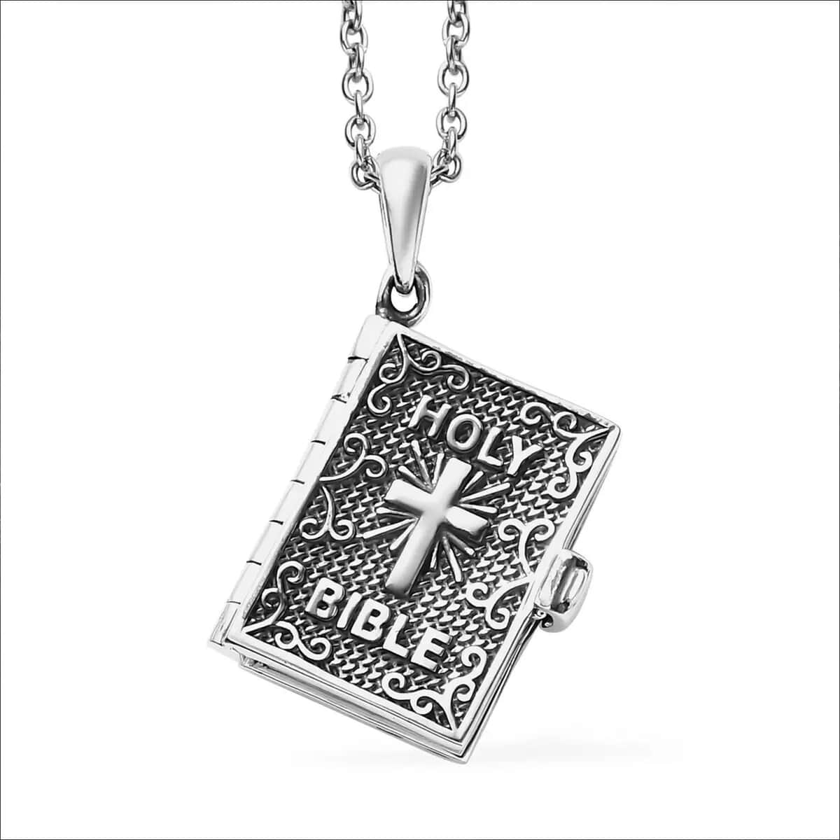 Bible Pendant Necklace in 925 Sterling Silver-Engraved Religious Lockets-Necklace Length 20