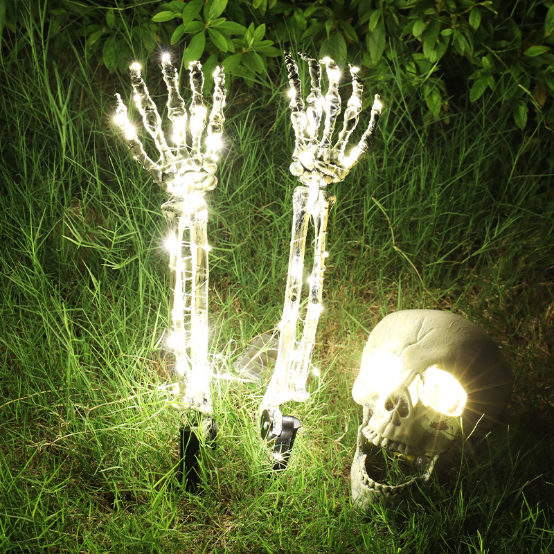 💀Halloween Skeleton Arms Stakes And Skeleton head Led Decorations-Adjusted Wrist,Waterproof ,LED with 8 Lighting Modes
