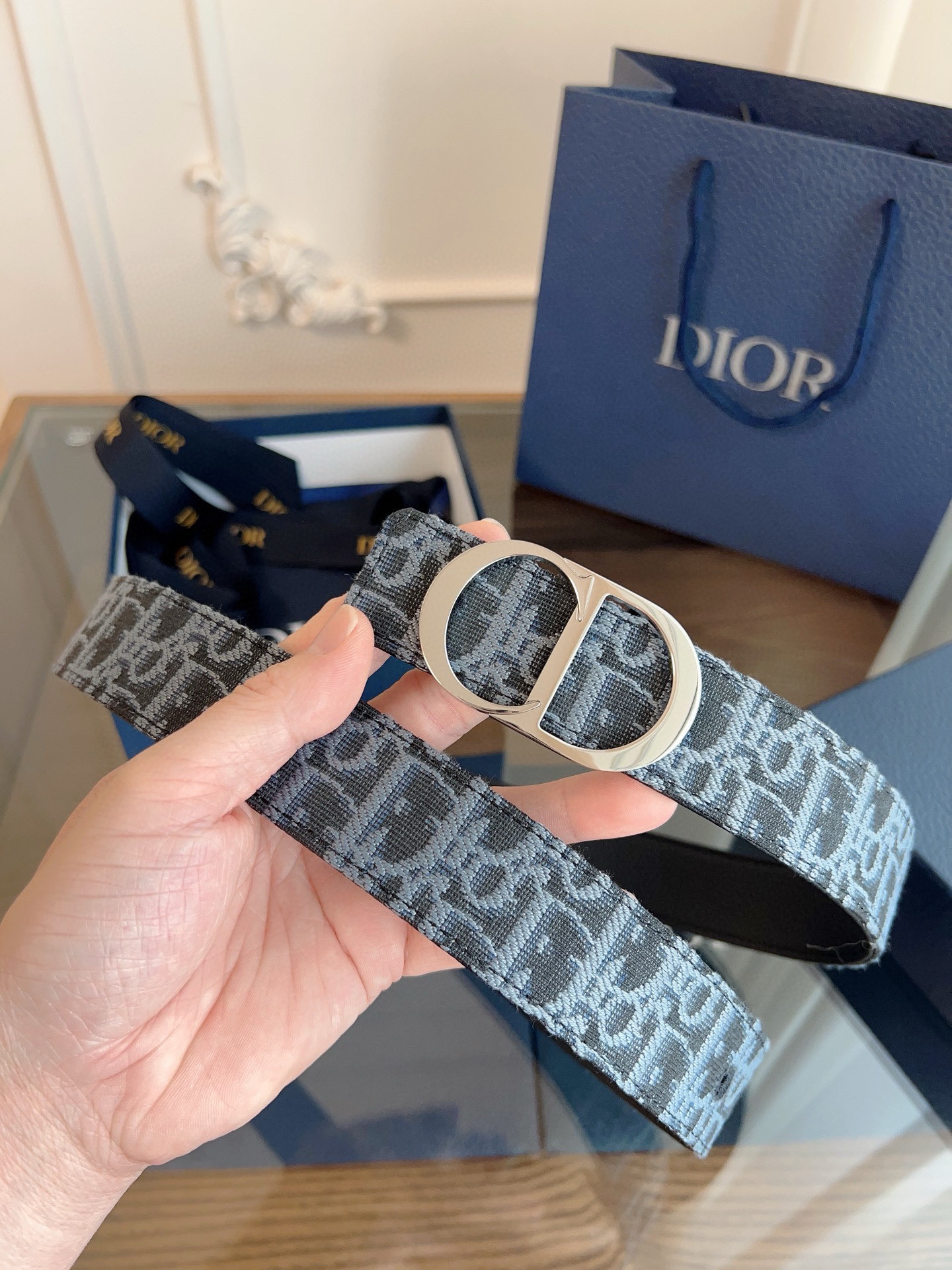 Dior Oblique light blue cloth and black cowhide leather belt width 3.5cm