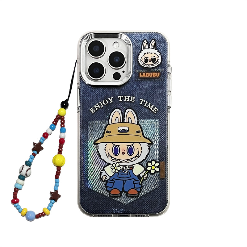 Labubu dark blue denim pocket phone case for iPhone