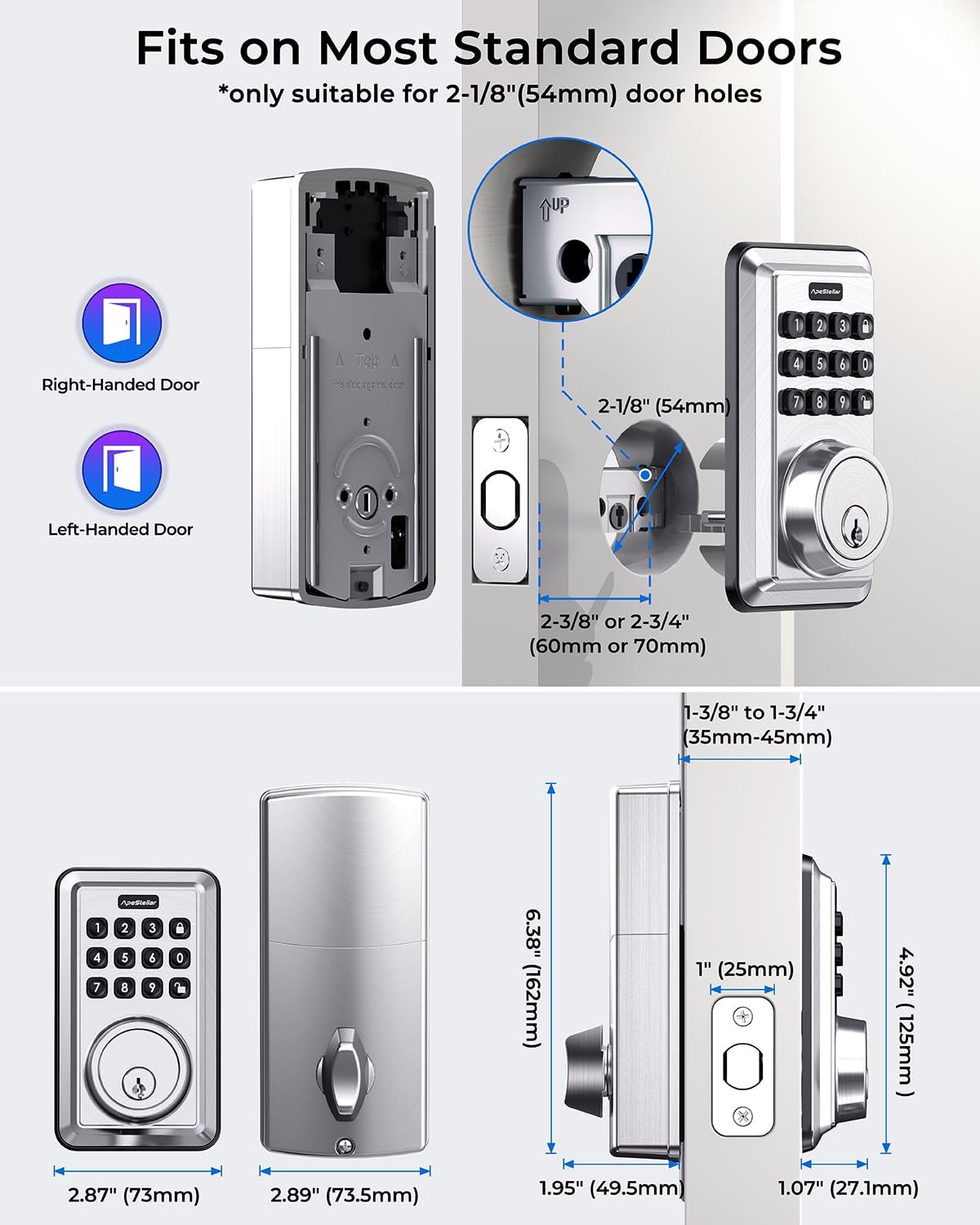 Keyless Entry Door Lock with Keypad - Electronic Keypad Deadbolt - Keyed Entry, Auto Lock, Anti-Peeking Password - Electronic Door Lock - Easy Installation - Satin Nickel -ApeStellar