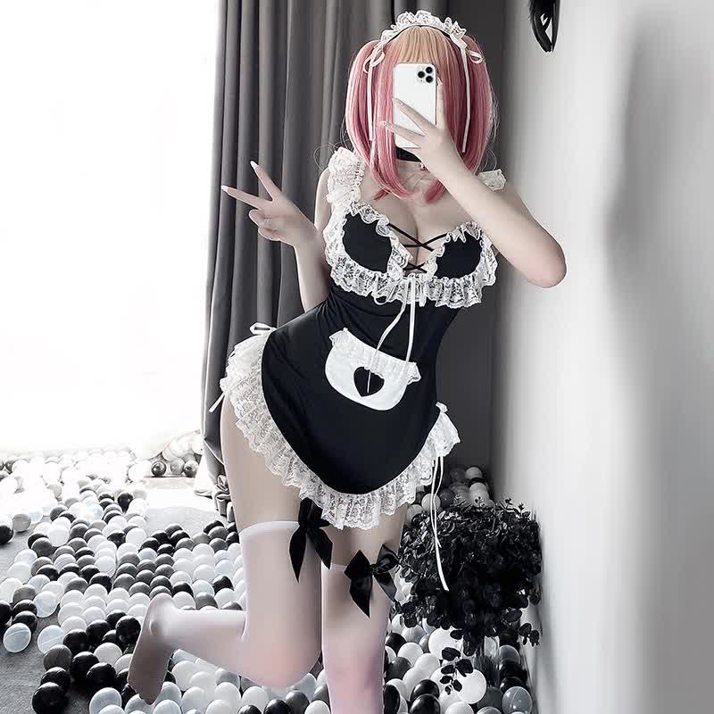 Lace Up Hollow Out Lace Slip Dress Lingerie
