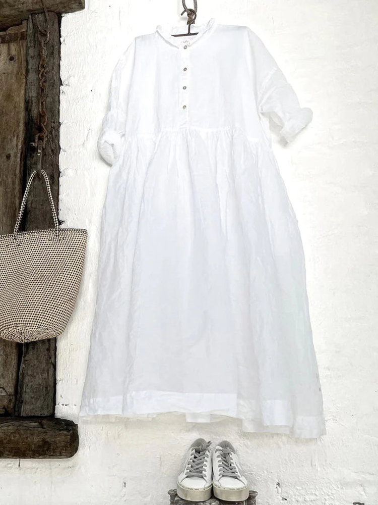 Solid Comfortable Casual Button V-Neck Long Sleeve Midi Dress