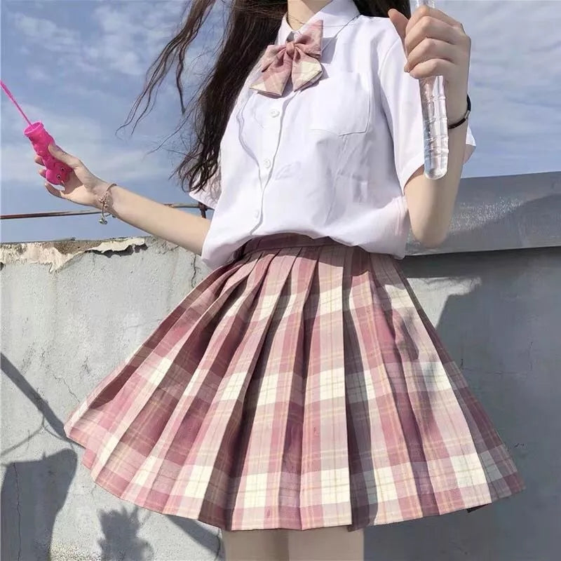 Light-Style Plaid Pleated Skirt with Matching Bow