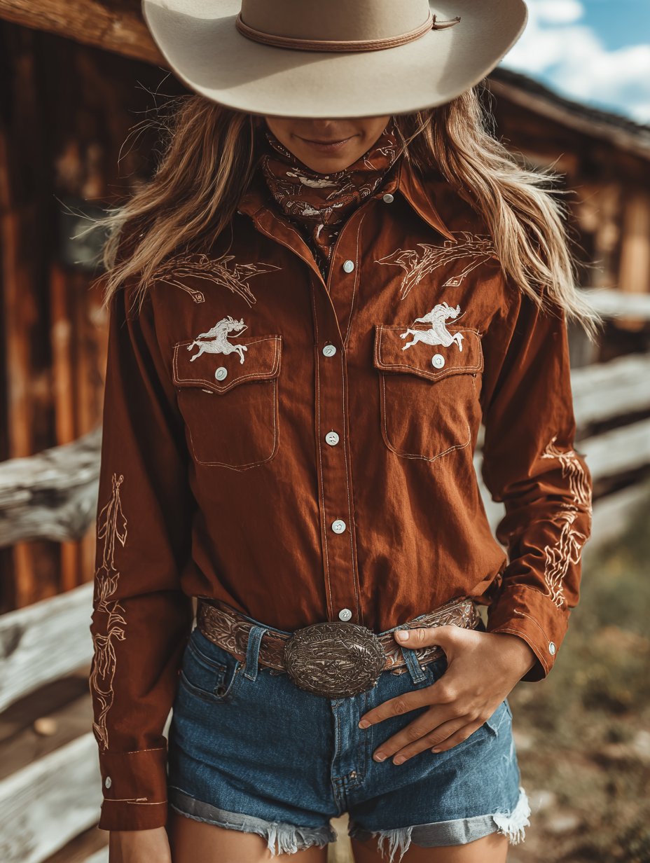 Women's Vintage Print Western Long Sleeve Double Pocket Shirt