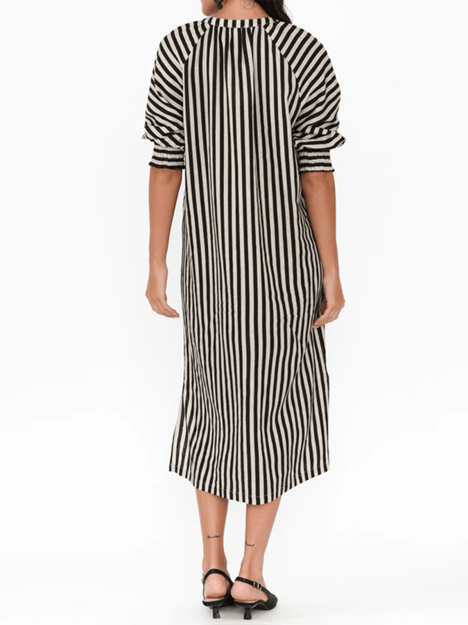 Women's Vintage Contrast Stripe Design V-Neck Button-Up Cotton And Linen Dress