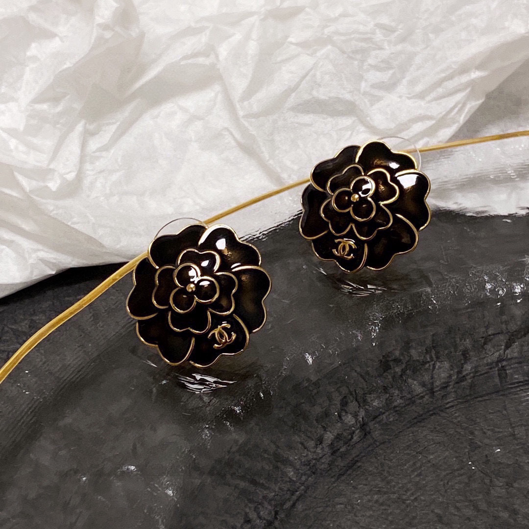 Chanel Black and White Camellia Earrings