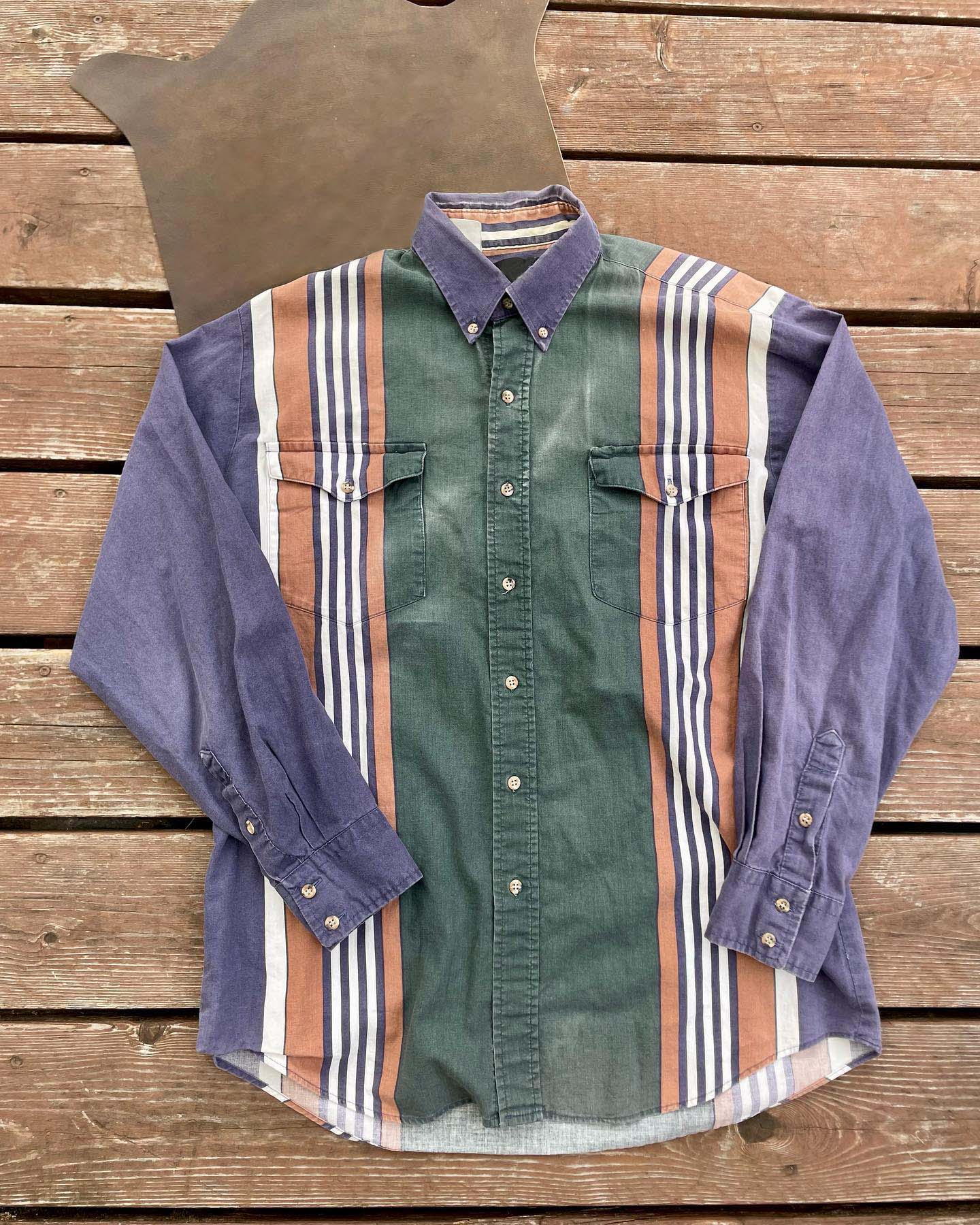 Men's Fashion Western Green Purple Striped Long Sleeve Shirt