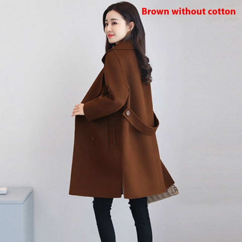 Cotton and Wool Blend Thickened Slimming Wool Overcoat for Women