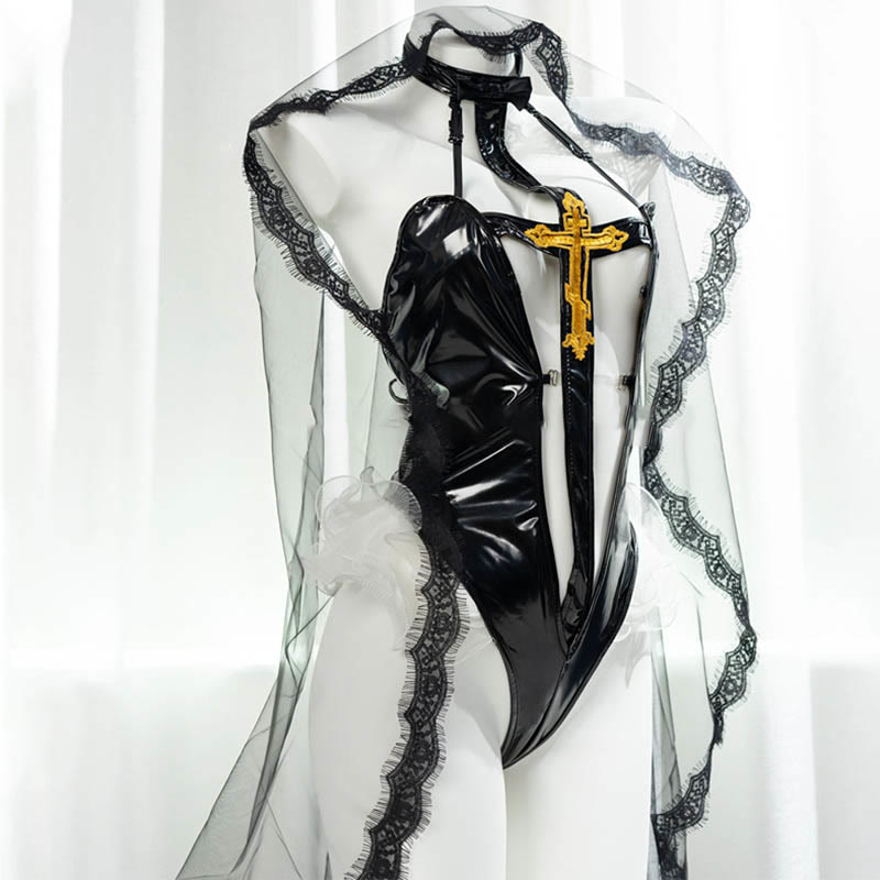 Sexy Cross Print Cosplay Nun Jumpsuit Lingerie