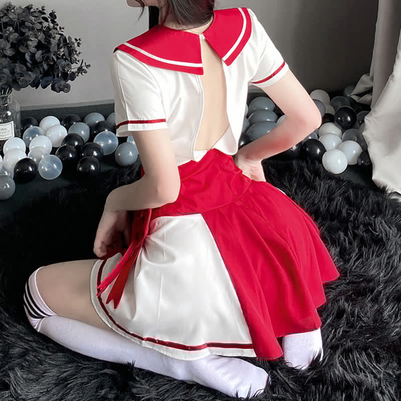 Hollow Out Bowknot JK Uniform Lingerie Stockings Set