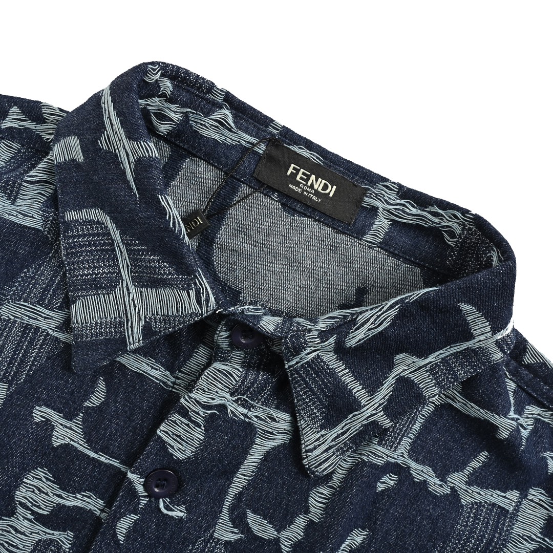 Fendi 24ss checkered FF linen tassel denim short-sleeved shirt