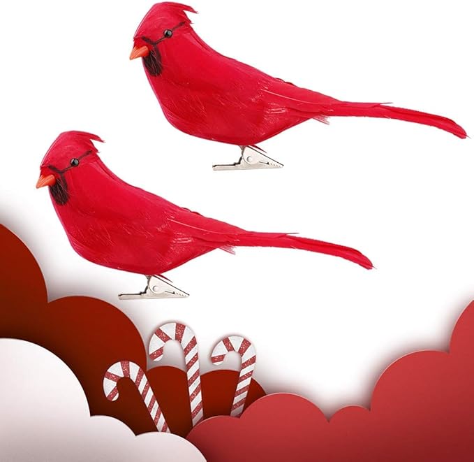 🐦🐦Christmas decoration red feather fake bird (with clip)