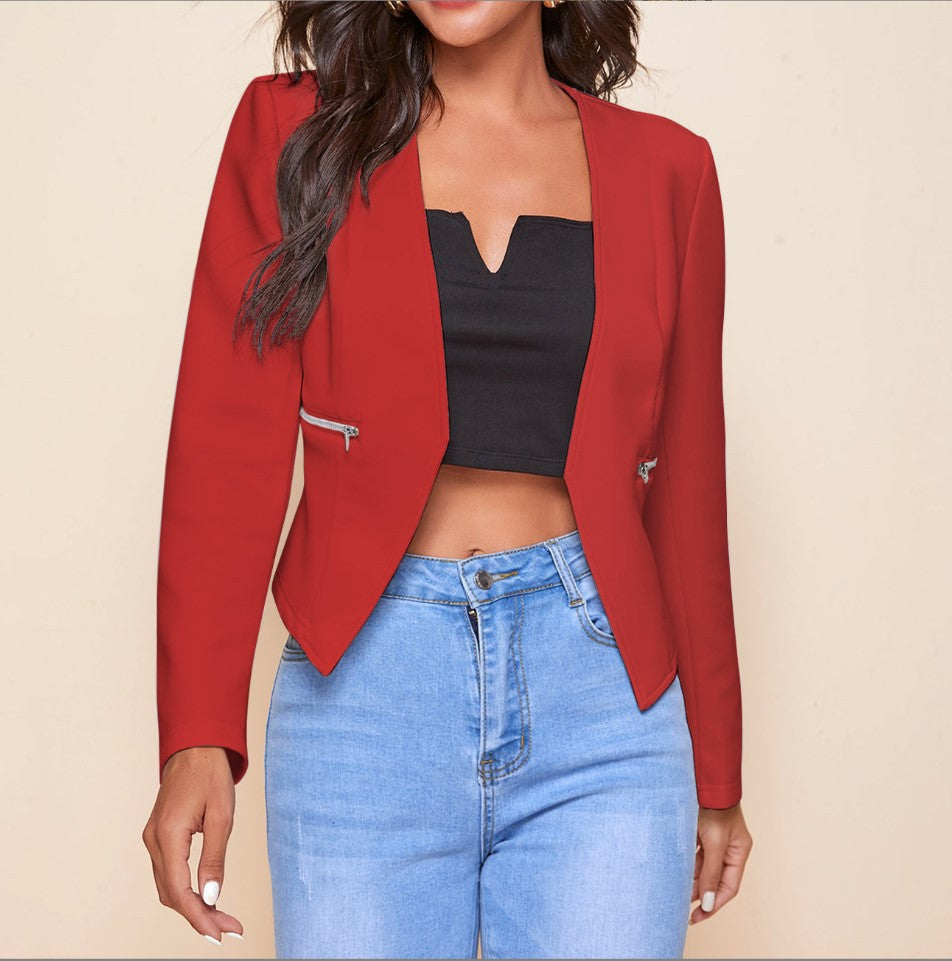 Long Sleeve Cardigan Zipper Pocket Jacket Top with a Small Suit Style.