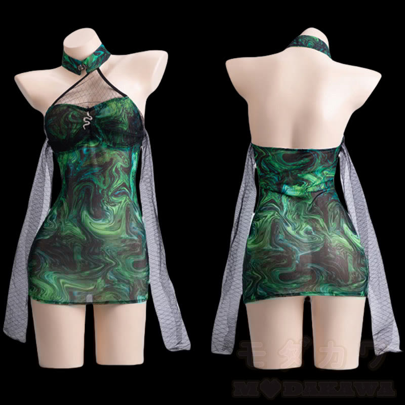 Vintage Snake Decor Halter Slim Cheongsam Lingerie