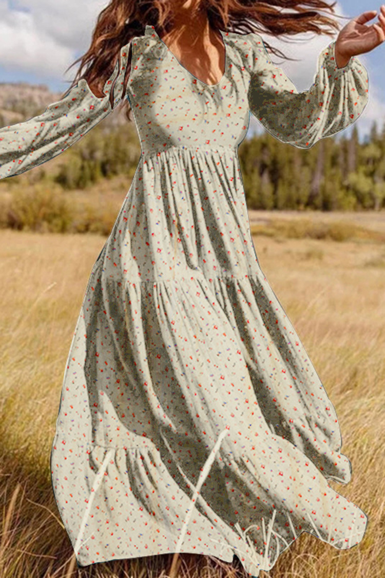 Vintage V Neck Floral Printed Long Sleeve Maxi Dress