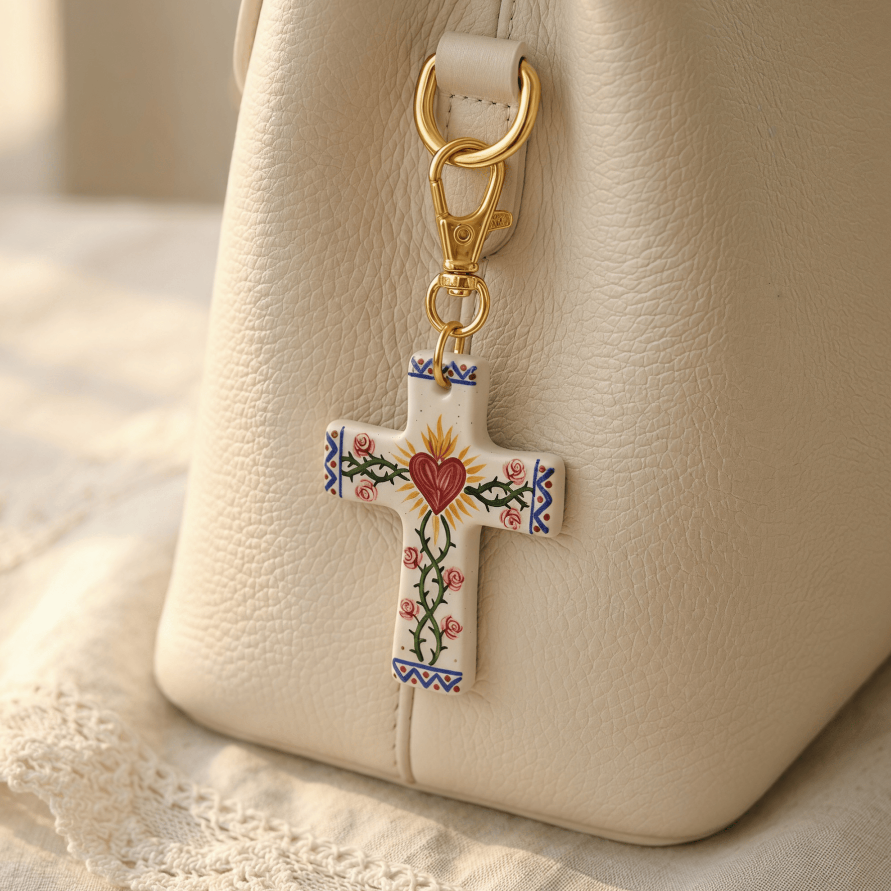 ❤️‍🔥✝️Handcrafted Ceramic Sacred Heart Cross Charm