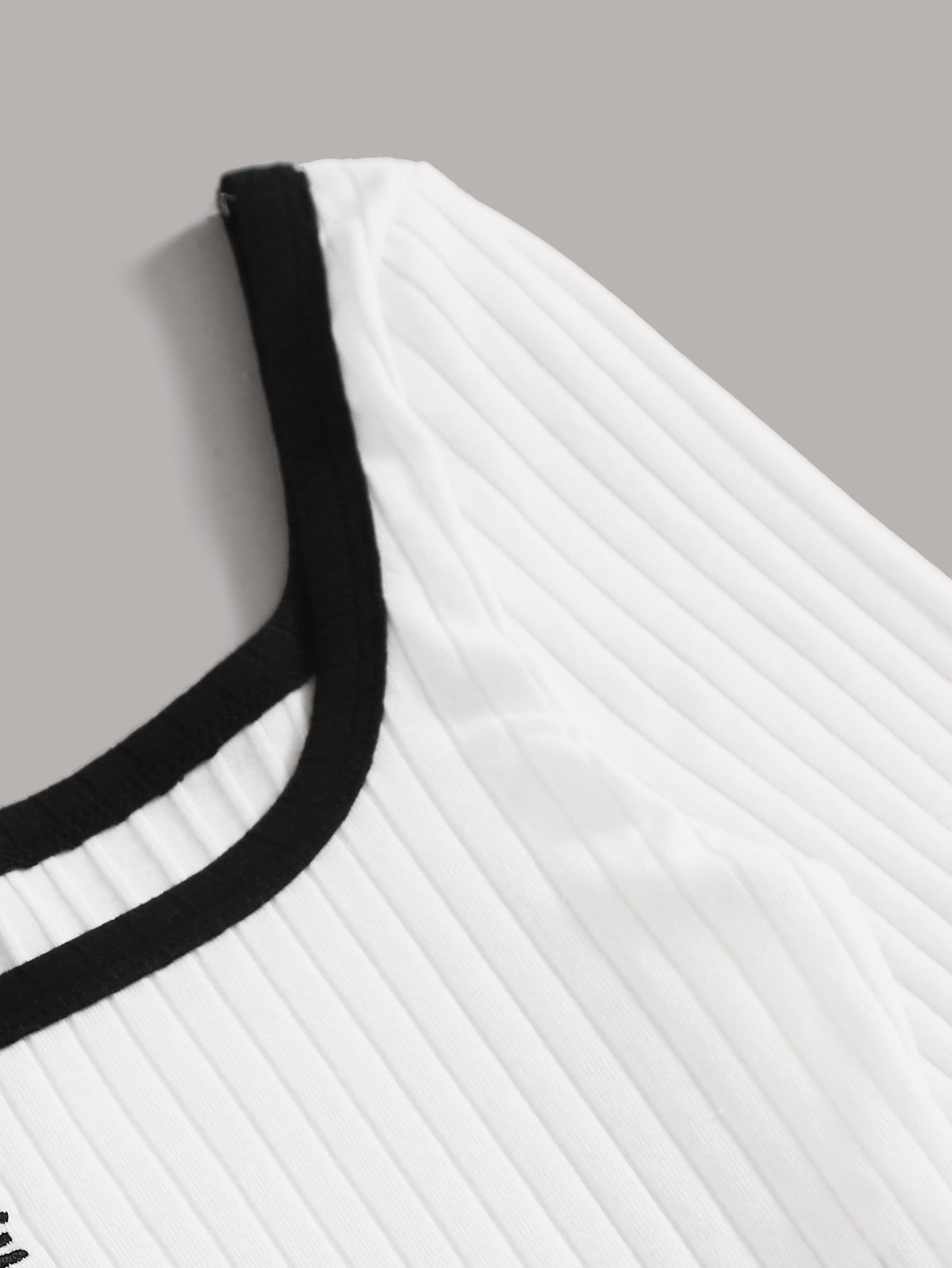 SHEIN Contrast Trim Embroidered Letter Rib-knit Top