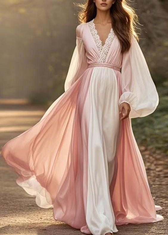 Plus Size Colorblock V Neck Patchwork Chiffon Dress Lantern Sleeve