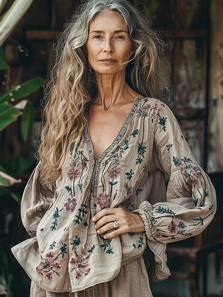 Bohemian Floral Linen Art Print Long Sleeve V-neck Shirt