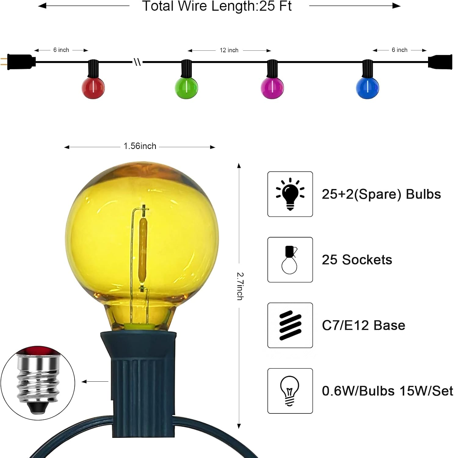 🏆Limited Sale⚡Almost Gone🔥25Ft G40 LED Outdoor Globe Multicolor String Lights