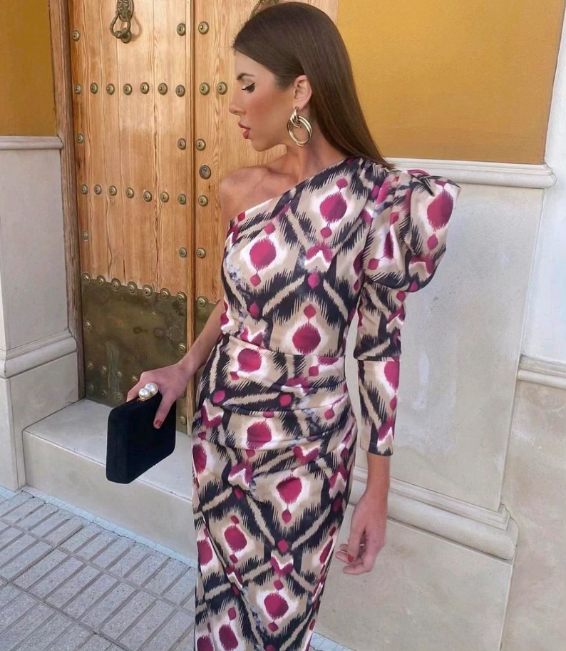 Purple Puff One Shoulder Midi Dress